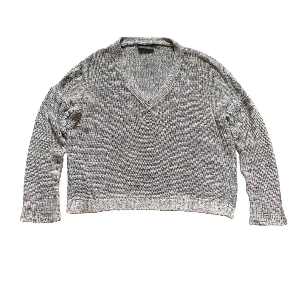 Wooden Ships Cozy V Neck Sweater Womens Medium Large Gray White Long Sleeve Knit